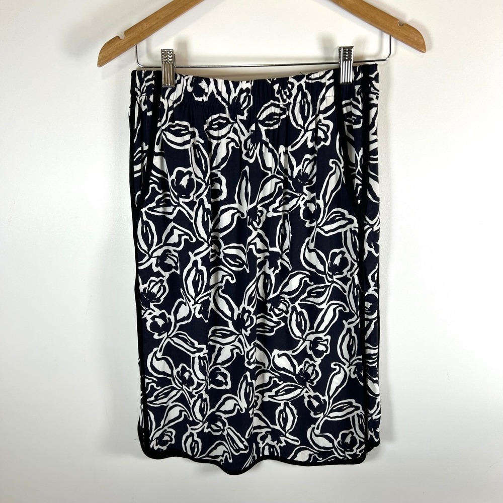 LOFT Women's Navy Floral Print‎ Elastic Waist Midi Skirt pockets Size S office